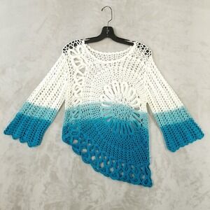Mermaidcore Sweater Women S/M Crochet Asymmetrical Ombre Open Knit Tunic Hippie